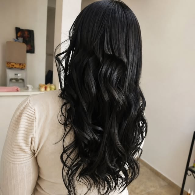 Cabelo longo preto com brilho e ondas
